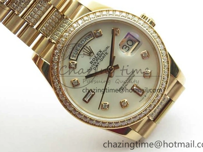 AAA Replica Watches on President A 2689 BP White ComfortFit Crystal Crystal Marker MOP RG Best Edition 128235 Dial Day-Date Bracelet RG 36mm 1218